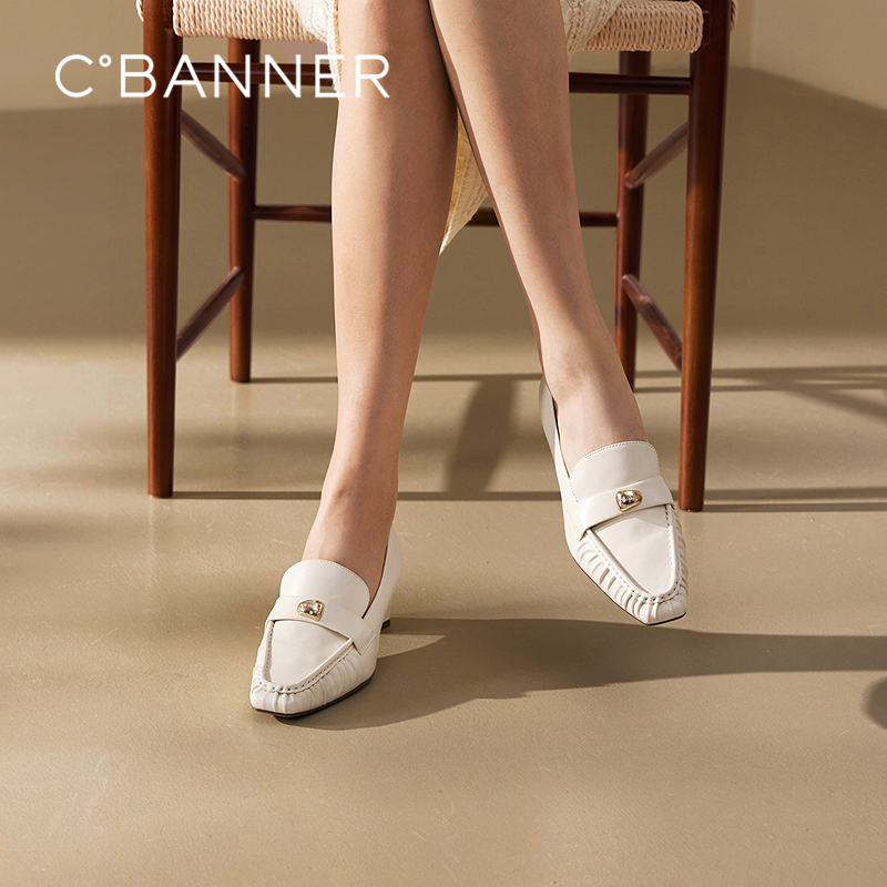 【静音系列】千百度羊皮通勤乐福鞋女粗高跟鞋豆豆鞋A25184405