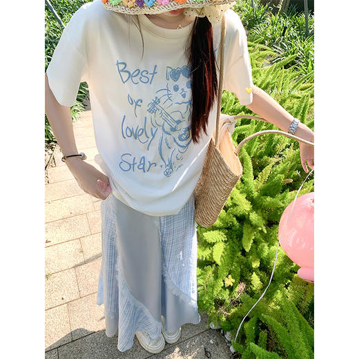 <曾小咸推荐>浅蓝色清新格纹蕾丝拼接半身裙 商品图3