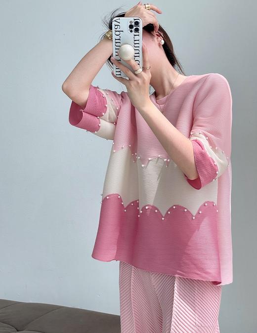 三宅褶皱珍珠显白南韩丝亚麻丝天丝混纺遮肉衫 商品图6