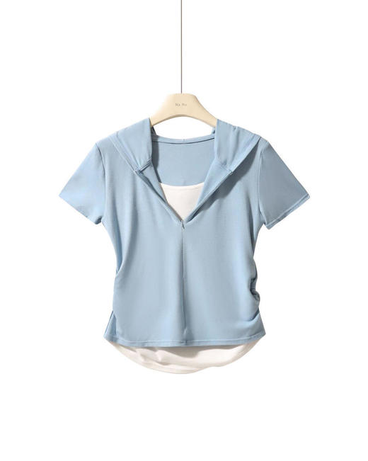 【连帽假两件半拉链短袖t】2025春秋新款修身收腰燕尾时尚百搭短t 商品图7