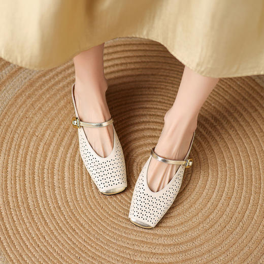 阿么手工女鞋一字带粗跟穆勒鞋软底百搭镂空夏时尚3CM上班鞋女款 商品图4