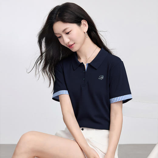 【专属特价】熙世界休闲撞色POLO衫女短袖夏小个子复古翻领T恤上衣 商品图3