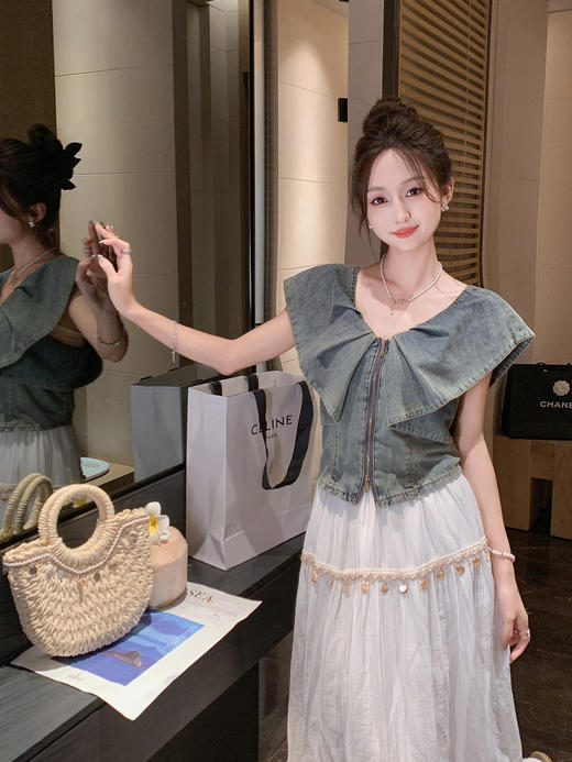 张心子【漫游日记】遮拜拜肉复古风气质显瘦牛仔上衣 U2505021 商品图2