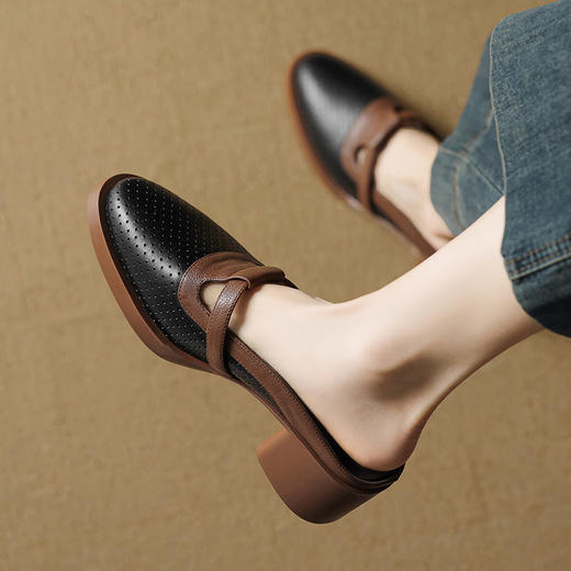 【预售5天】牛皮镂空包头半拖鞋，真皮透气粗跟凉拖鞋外穿女鞋YCJX&H-7630 商品图3