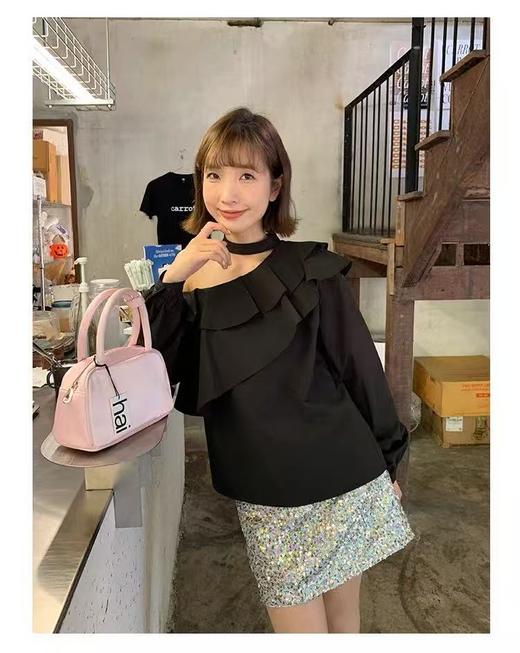 9.24清仓 设计师品牌-法式挂脖宽松荷叶边斜肩露肩上衣女长袖小衫-喜出 商品图1