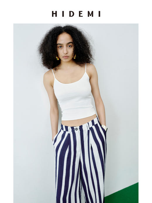 HIDEMI 度假系高织天然棉超弹力百搭款一字领吊带背心/灰色/白色/雾霾蓝 商品图5
