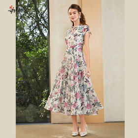 司歌雪纺印花蕾丝短袖收腰连衣裙A911270X