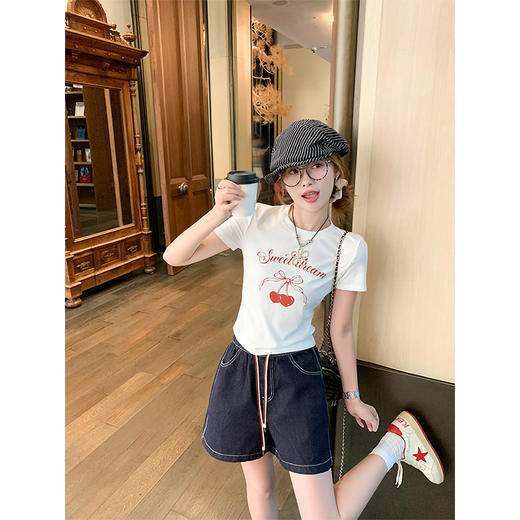 【129元任选2件】现货！复古高腰靛蓝色系带牛仔短裤 商品图2