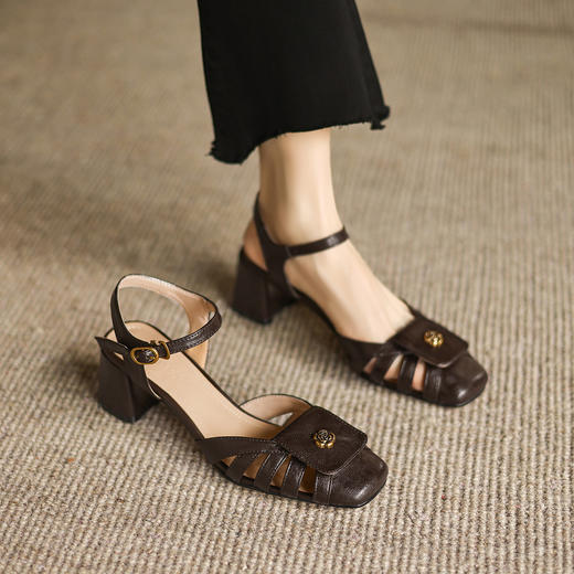 阿么手工女鞋罗马凉鞋女夏外穿配裙子高级感山茶花镂空鞋子5.5CM 商品图2