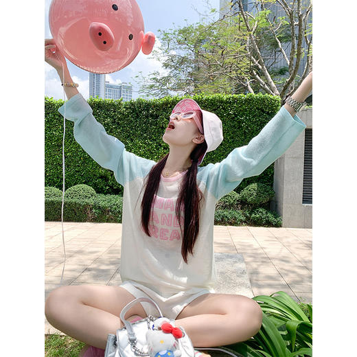 <曾小咸推荐>马卡龙配色少女防晒长袖针织T恤 商品图0