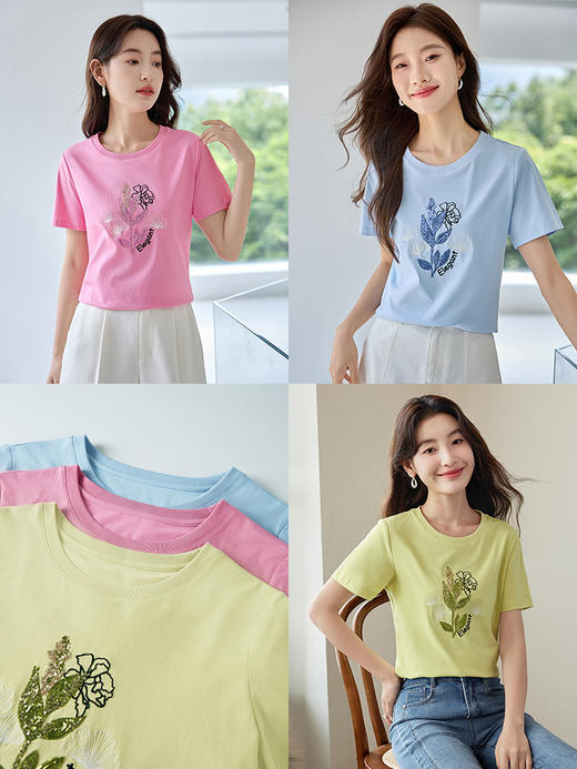 【年中特卖】熙世界重工刺绣珠片T恤短袖夏季时尚宽松显瘦正肩上衣2025新款 商品图4