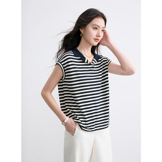 三彩2025夏季新款宽松条纹针织衫翻领短袖上衣套头衫气质简约S 商品图2