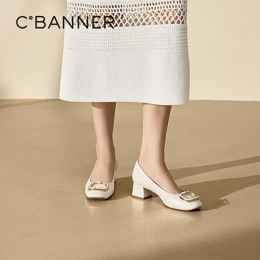 千百度粗高跟羊皮浅口单鞋女款通勤正装法式晚晚鞋A25187250 商品图0