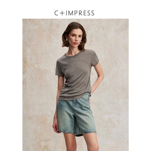 设计感圆弧拼接桑蚕丝莱赛尔短袖T恤T2502096 商品图1