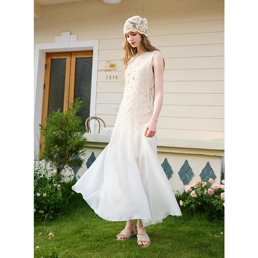 三彩2025夏季新款圆领背心裙连衣裙收腰A字裙浪漫大摆长裙M 商品图3