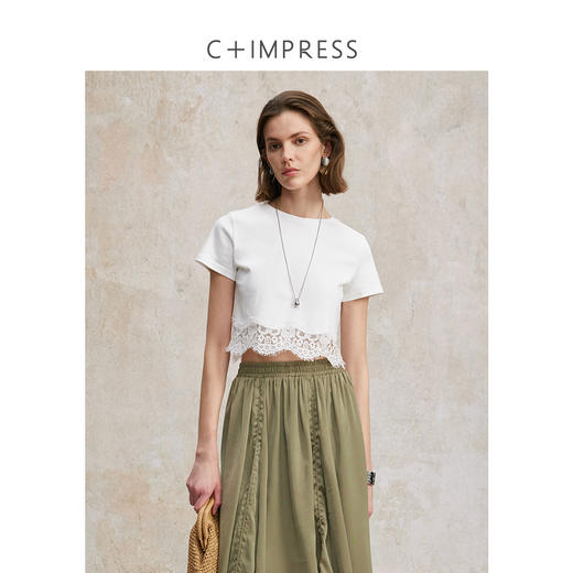 天丝亚麻混纺俏皮蕾丝拼接圆领T恤T2502091 商品图0