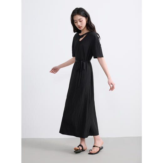 三彩2025夏季新款醋酸连衣裙圆领宽松A字裙长裙系带设计感S 商品图1