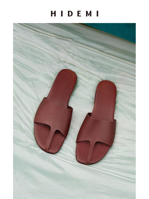 HIDEMI度假系列进口荔枝皮牛皮极简时髦一字带手工露趾凉鞋拖鞋 商品图10