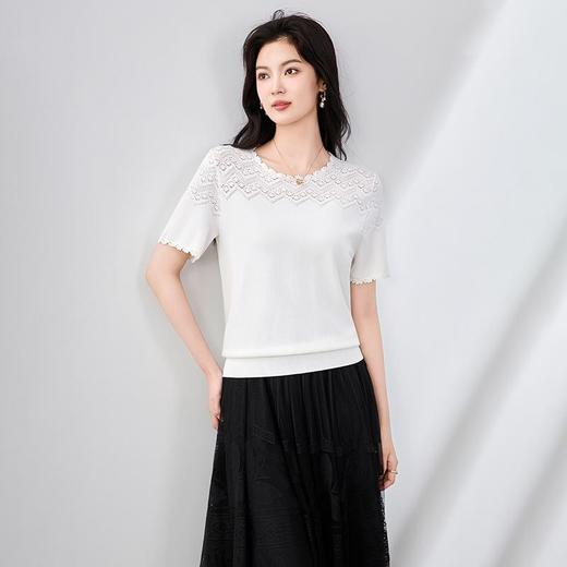 「高货wl」全新升级【铂金会员211/天猫279/差价68】(00033)洛诗琳气质密织钩花上衣2025夏季新款优雅镂空花纹针织T恤 商品图1