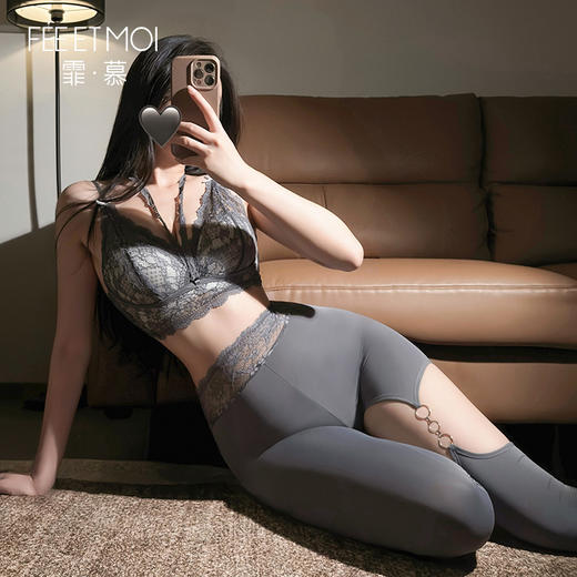 【情趣内衣】霏慕 含钢圈棉垫纯欲内搭文胸ZY10+蕾丝边圆环扣镂空瑜伽裤ZY6003 商品图10