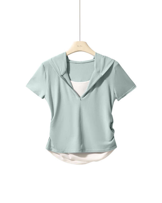 【连帽假两件半拉链短袖t】2025春秋新款修身收腰燕尾时尚百搭短t 商品图6