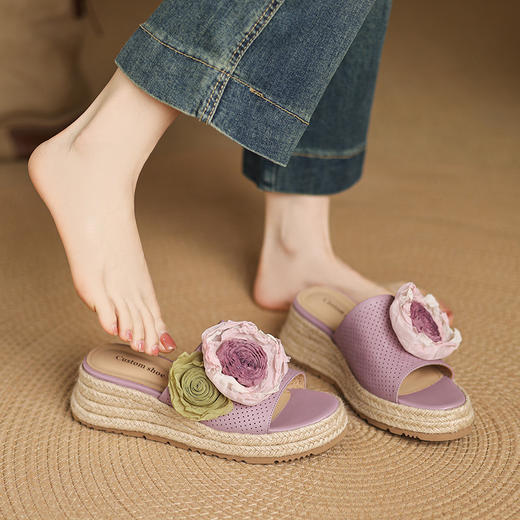 OLD K2003镂空外穿厚底罗马拖鞋真皮一字型凉拖花朵露趾凉鞋 商品图0