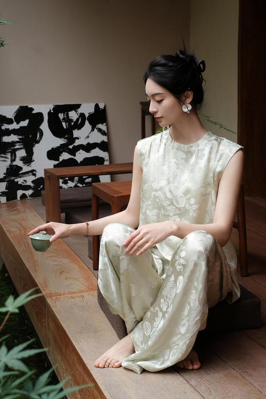 盛唐牡丹 |水绿八宝如意真丝女裤 商品图1