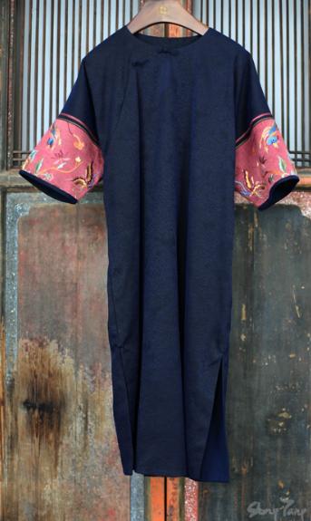 盛唐牡丹| 真丝罗底香云纱手绣斜襟长袍-黑色 商品图0