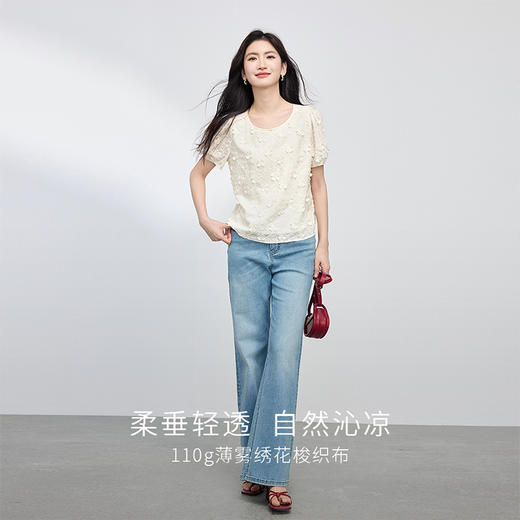 【周四狂欢价】熙世界立体花朵蕾丝衬衫夏宽松白色圆领短袖小衫上衣 商品图2