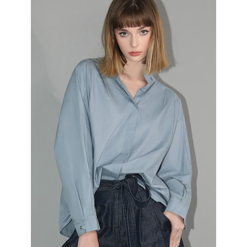 COCOBELLA气质通勤纯棉立领衬衫宽松休闲雾霾蓝府绸衬衣NSR5