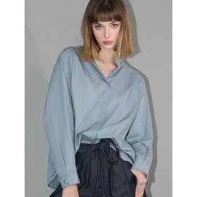 COCOBELLA气质通勤纯棉立领衬衫宽松休闲雾霾蓝府绸衬衣NSR5