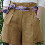 TYNVIE 芥末棕色围巾系带高腰短裤 商品图0