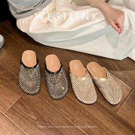 西遇夏季镂空半拖鞋女新款水钻网面一脚蹬包头外穿勃肯凉拖鞋V1156752