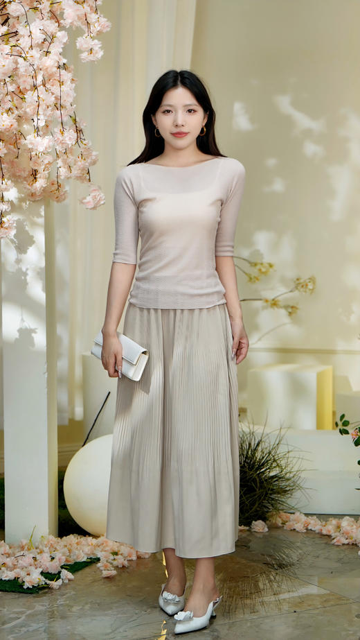 蓝L1臣禾	（小胸显大）一字领针织T 水波纹无缝短袖上衣	JZ252050875 商品图7