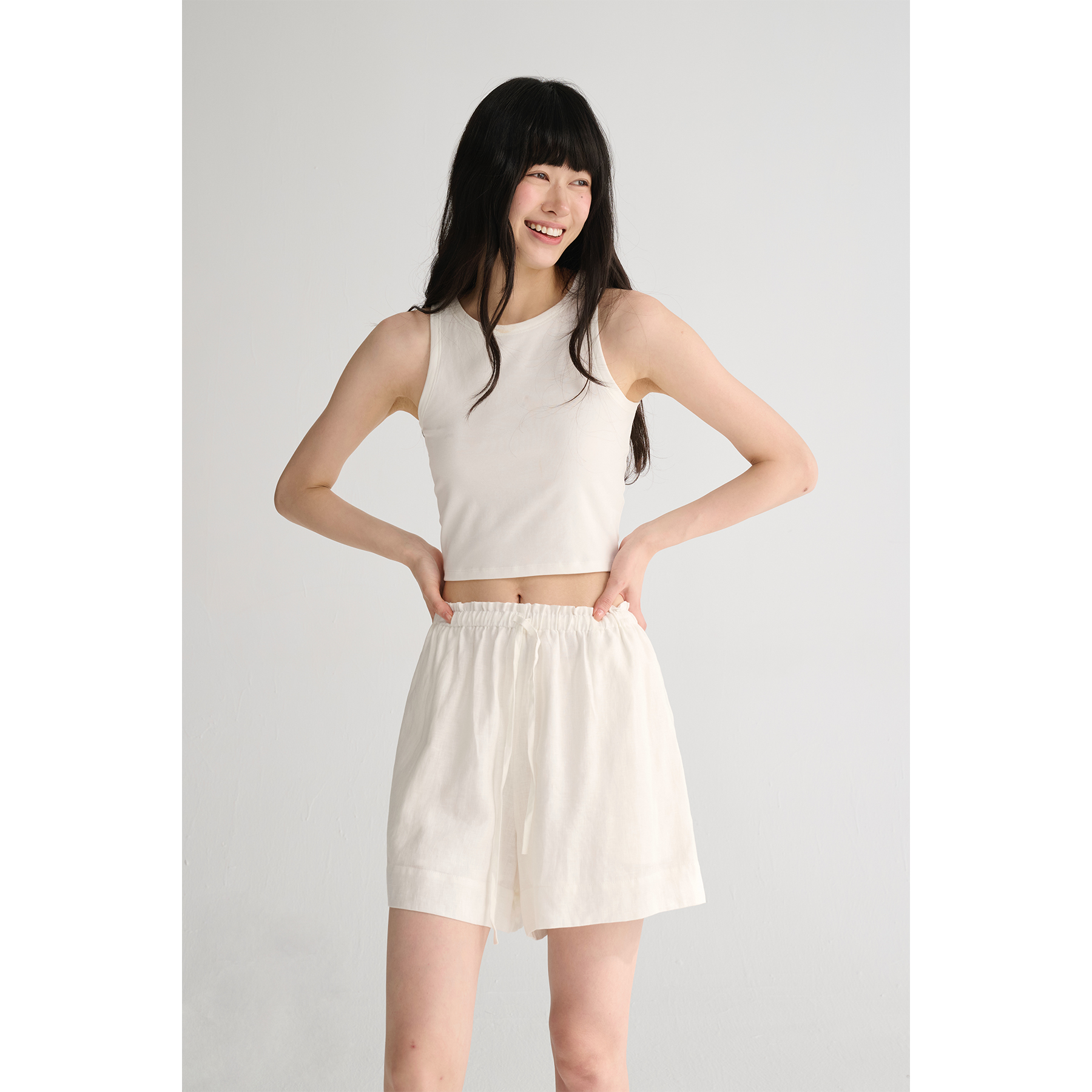 MAISON CECILE三色/高支亚麻舒适透气高腰休闲百搭抽绳松紧腰短裤