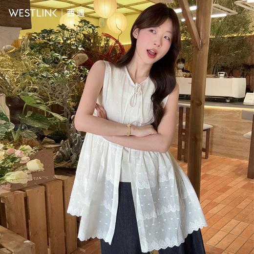 西遇无袖叠穿罩衫女春夏新款法式外搭白色开衫蕾丝边衬衫SS150314 商品图2