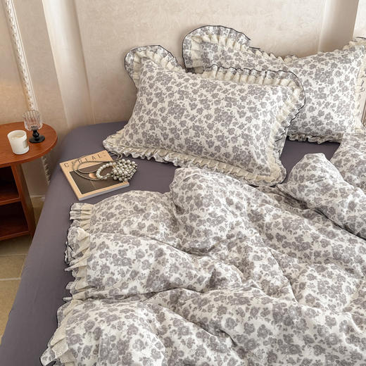 自然醒A类双层纱撞色蕾丝花边四件套法式全棉公主风碎花床上被套床单床品三件套JY 商品图9