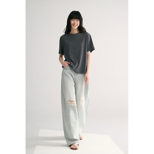 MAISON CECILE 夏日水洗破洞设计感休闲慵懒立体压线弧形牛仔裤 商品图0