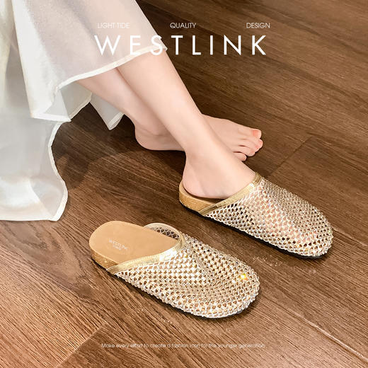 西遇夏季镂空半拖鞋女新款水钻网面一脚蹬包头外穿勃肯凉拖鞋V1156752 商品图1