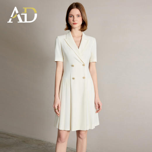AD女士夏季连衣裙2025新款金属双排扣米色短袖西装裙 商品图0