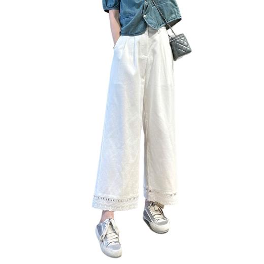 大表姐花边小白裤！2025天丝麻棉白色休闲裤夏季遮肉9分阔腿裤！ 商品图4