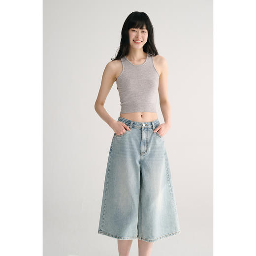 MAISON CECILE 夏日复古水洗高腰裁剪显瘦显比例七分阔腿牛仔裤 商品图0