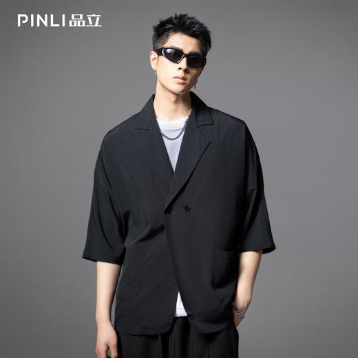 PINLI品立夏季新款男凉感冰丝宽松短裤潮牌黑色西装休闲套装V242117008 商品图3