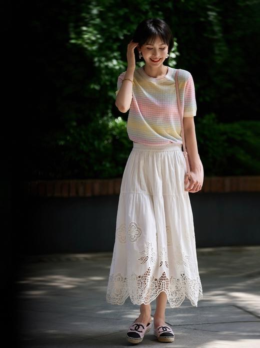 彩虹梦境多巴胺渐变花纱天丝真丝针织短袖T恤衫 商品图5