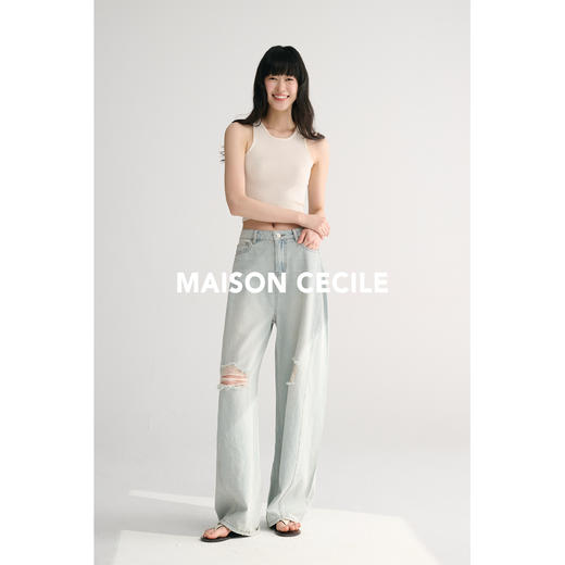 MAISON CECILE 夏日水洗破洞设计感休闲慵懒立体压线弧形牛仔裤 商品图1
