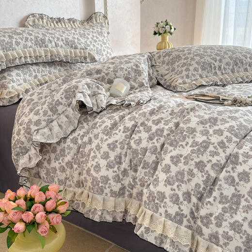 自然醒A类双层纱撞色蕾丝花边四件套法式全棉公主风碎花床上被套床单床品三件套JY 商品图5
