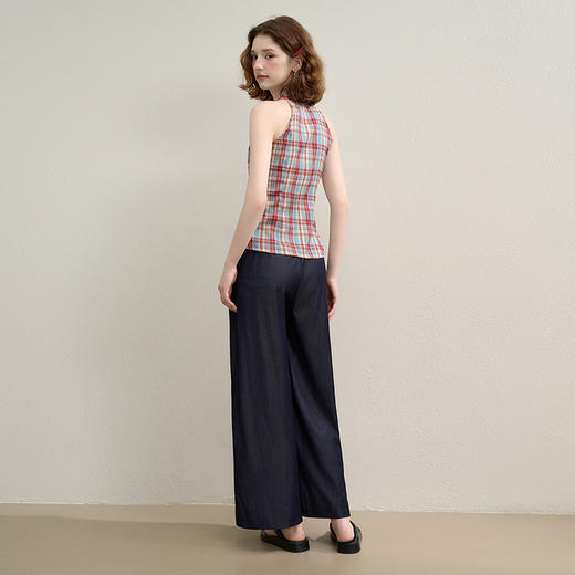 西遇垂感阔腿裤套装女夏季新款格子无袖挂脖短款上衣两件套K0050933 商品图3