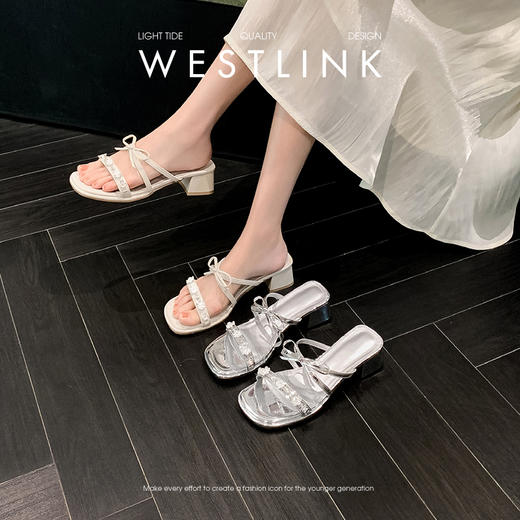 西遇粗跟凉拖鞋女夏外穿新款绝美水钻蝴蝶结配裙子中跟凉鞋K1156796 商品图0