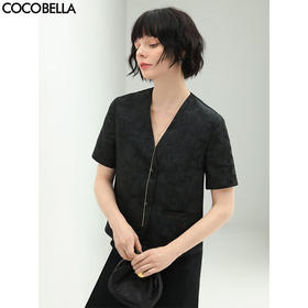 COCOBELLA新中式重工提花短袖裸领西服OL西装外套NSI2