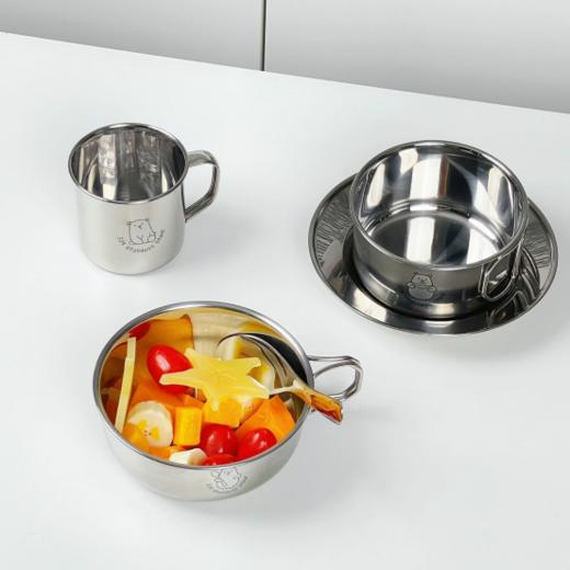 😎劣质餐具害娃不浅！宝妈必入摔不烂的🔥【PONEL304不锈钢儿童餐具】萌趣卡通+安全健康✔宝宝吃饭香喷喷！🥣🍽 🉐一套=饭碗+汤盆+菜盘+口杯+勺子 304不锈钢内胆🥰 商品图4